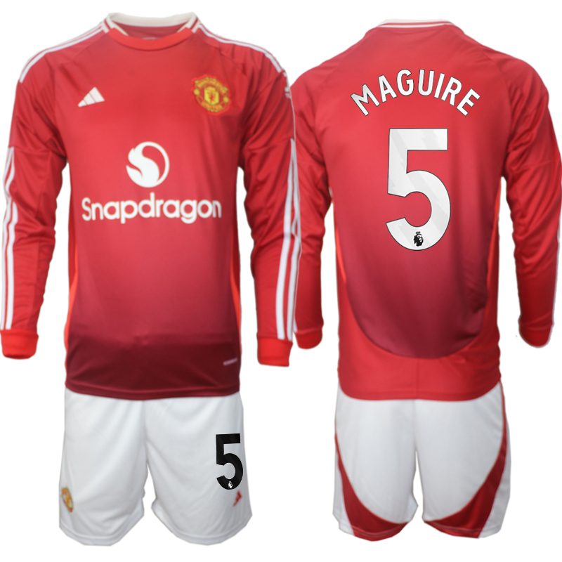 Men 2024-2025 Club Manchester United home Long Sleeves Red 5 Soccer Jersey